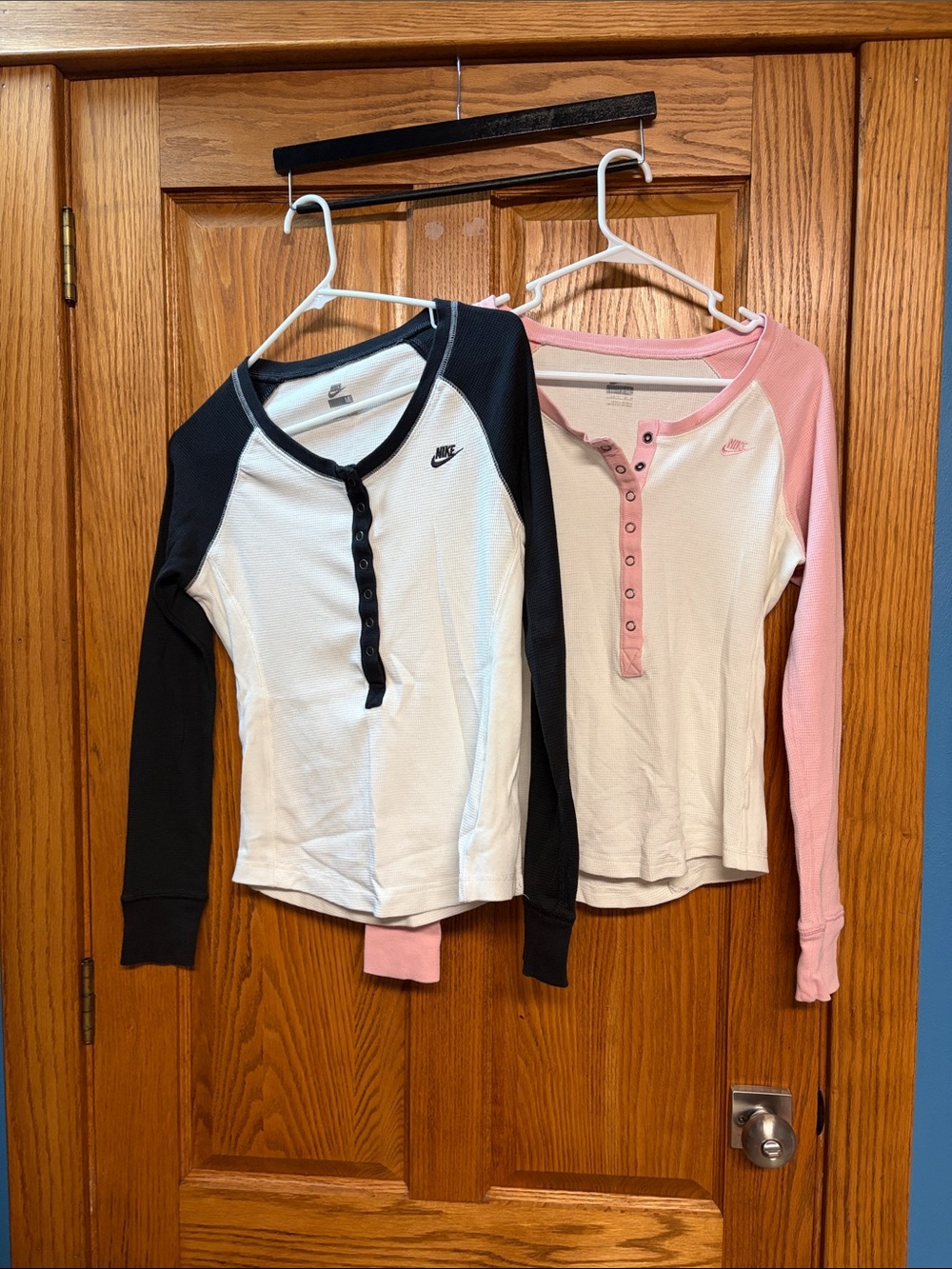 Nike Long-Sleeve Henley Top - White with Black and Pink Raglan Sleeves